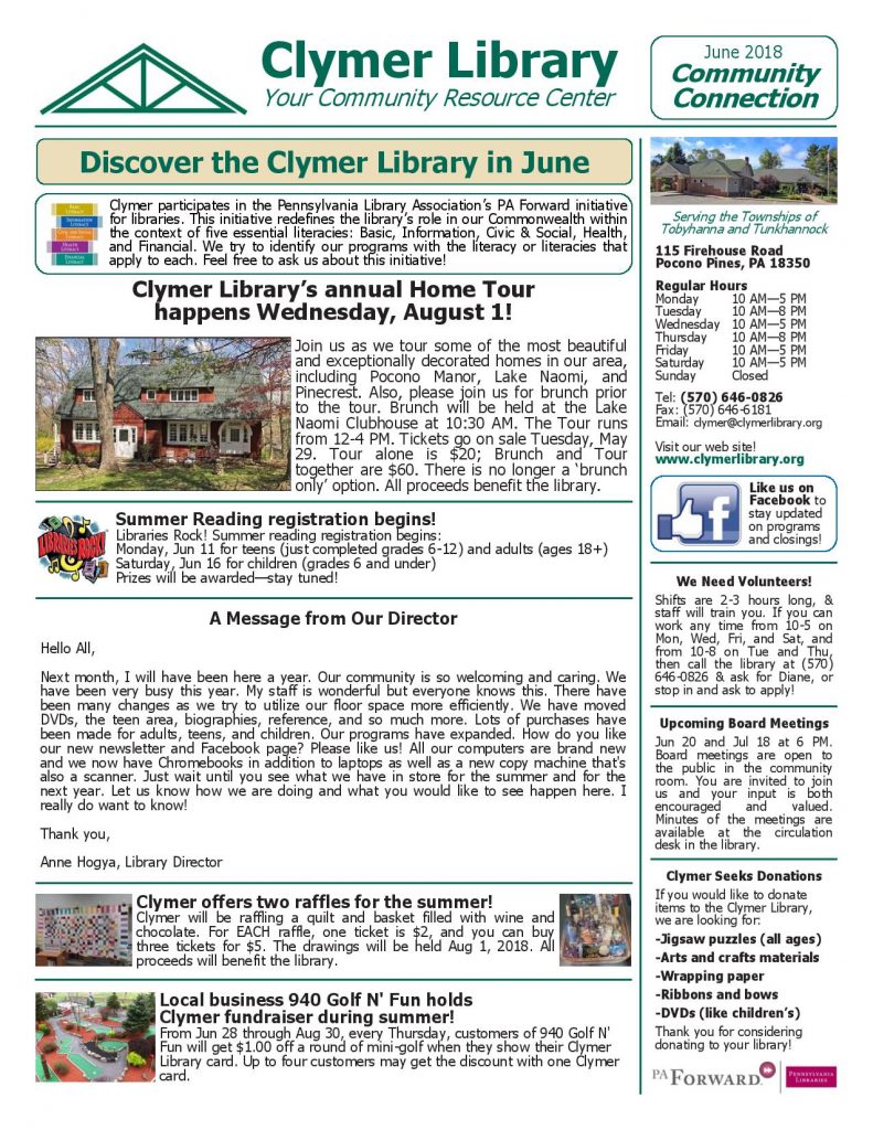 Clymer Library June Programs Tobyhanna Township