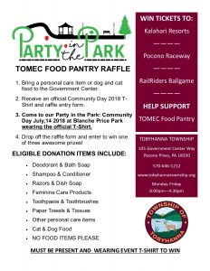 July 14th 2018 TOMEC Food Pantry Raffle Eligible Donation items list.