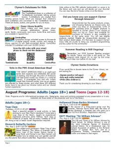 August 2018 Clymer Library Activity Calendar Page 2.