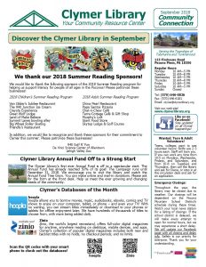 September 2018 Clymer Library Activity Calendar Page 1.