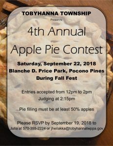 Invitation to the Tobyhanna Township 4th Annual Apple Pie Contest for September 22nd 2018.