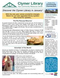 January 2019 Clymer Library Activity Calendar Page 1.