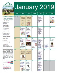 Page 6 of the Clymer Library Activity Calendar for January 2019.